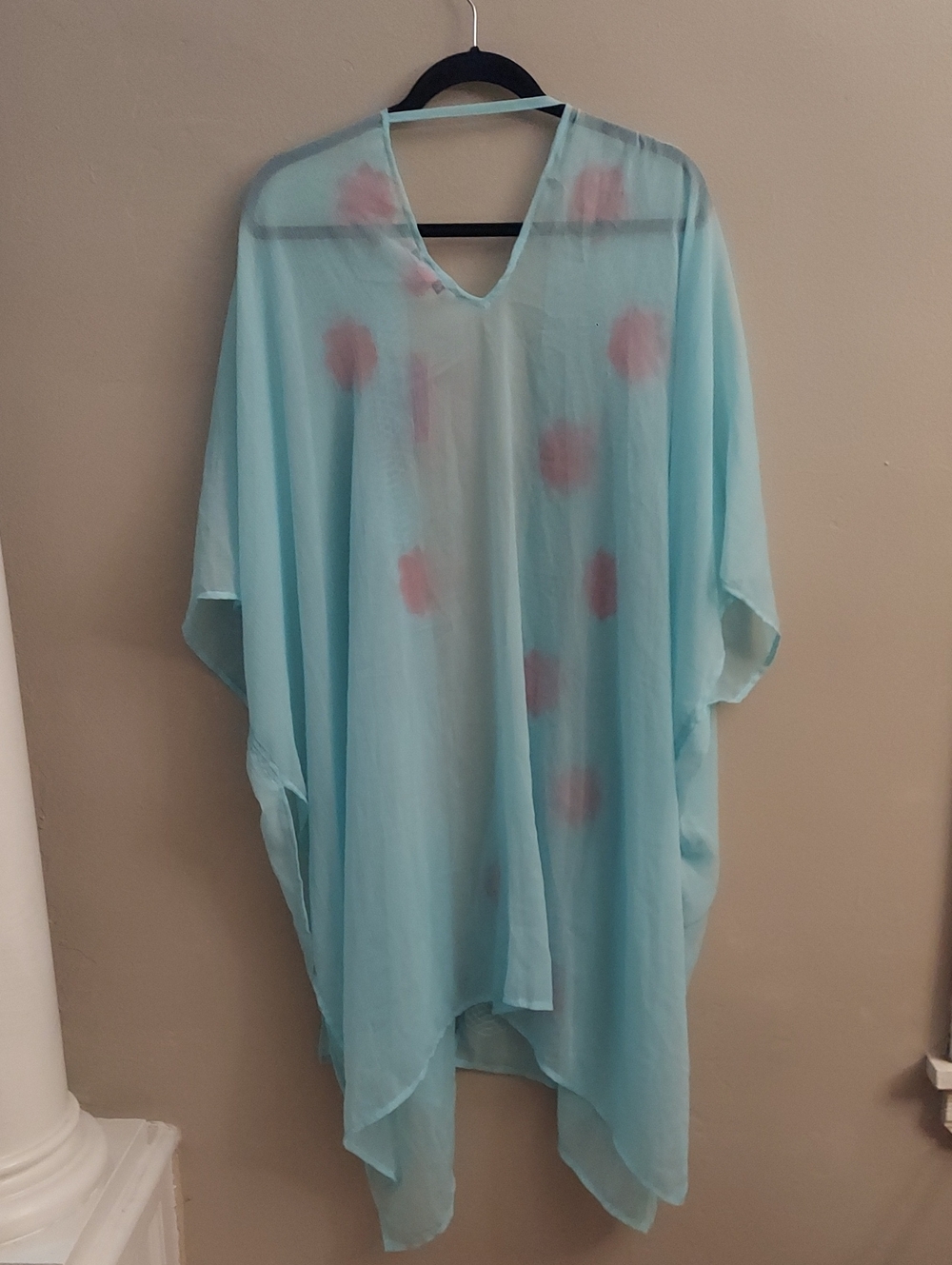 Betsey Johnson Light Blue Sheer Chiffon Kimono Cardigan Pink Floral Applique OS - Picture 9 of 12